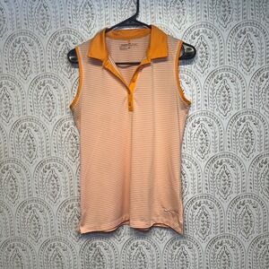 Nike Golf Women's Sleeveless Polo Shirt Orange White Stripe Dri-Fit‎ Size Medium